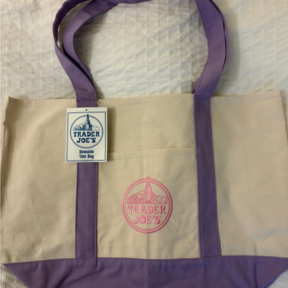 Trader Joe’s lilac Large Canvas Tote Bag in Cream with Purple Trim and Pink logo